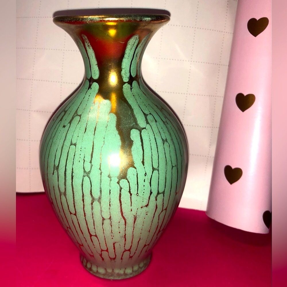Vintage vase mid-century red clay pottery art turquoise teal acqua blue gold rim
